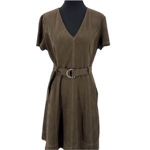 Suede Boho Belted Mini Dress  70’s Vintage V- Neck A-line Casual Chic Brown M